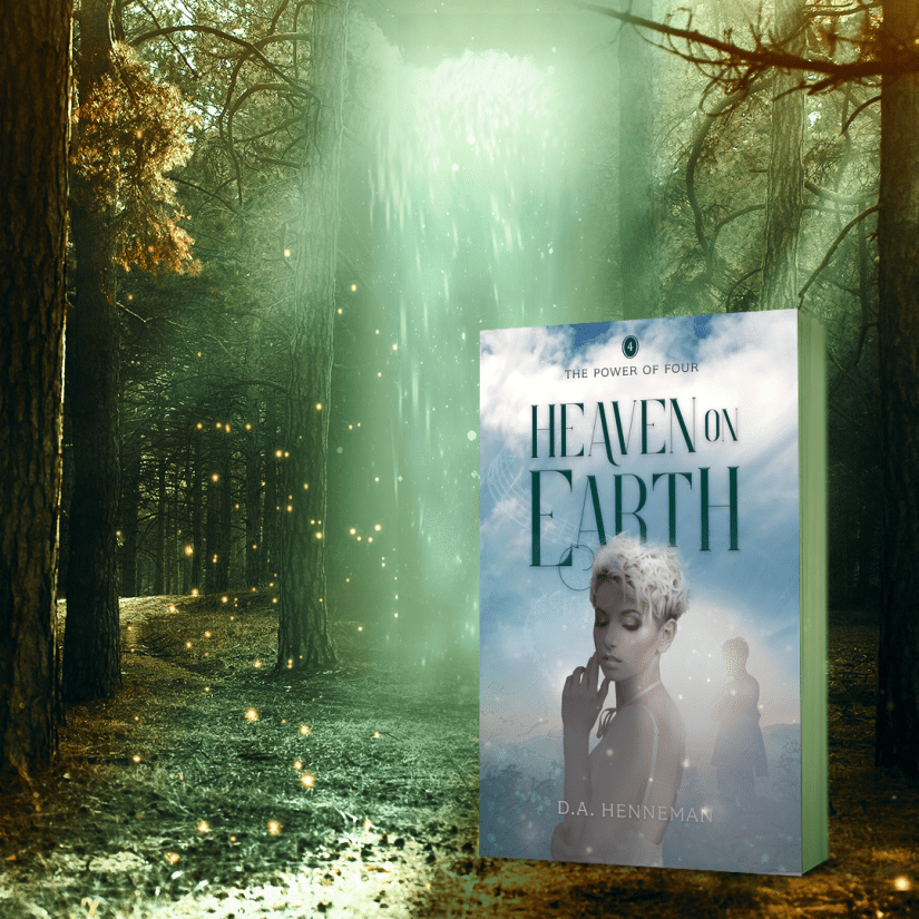 Decorative image of a forest, with magical elements, including an image of the book Heaven On Earth by D.A. Henneman